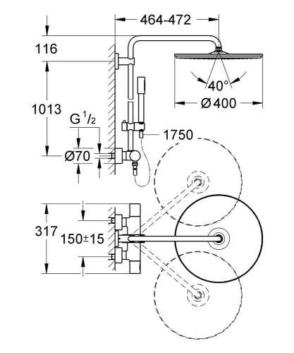 Grohe Rainshower System 400 Duvara Monte Termostatik Bataryalı Duş Sistemi 27174001 - Thumbnail